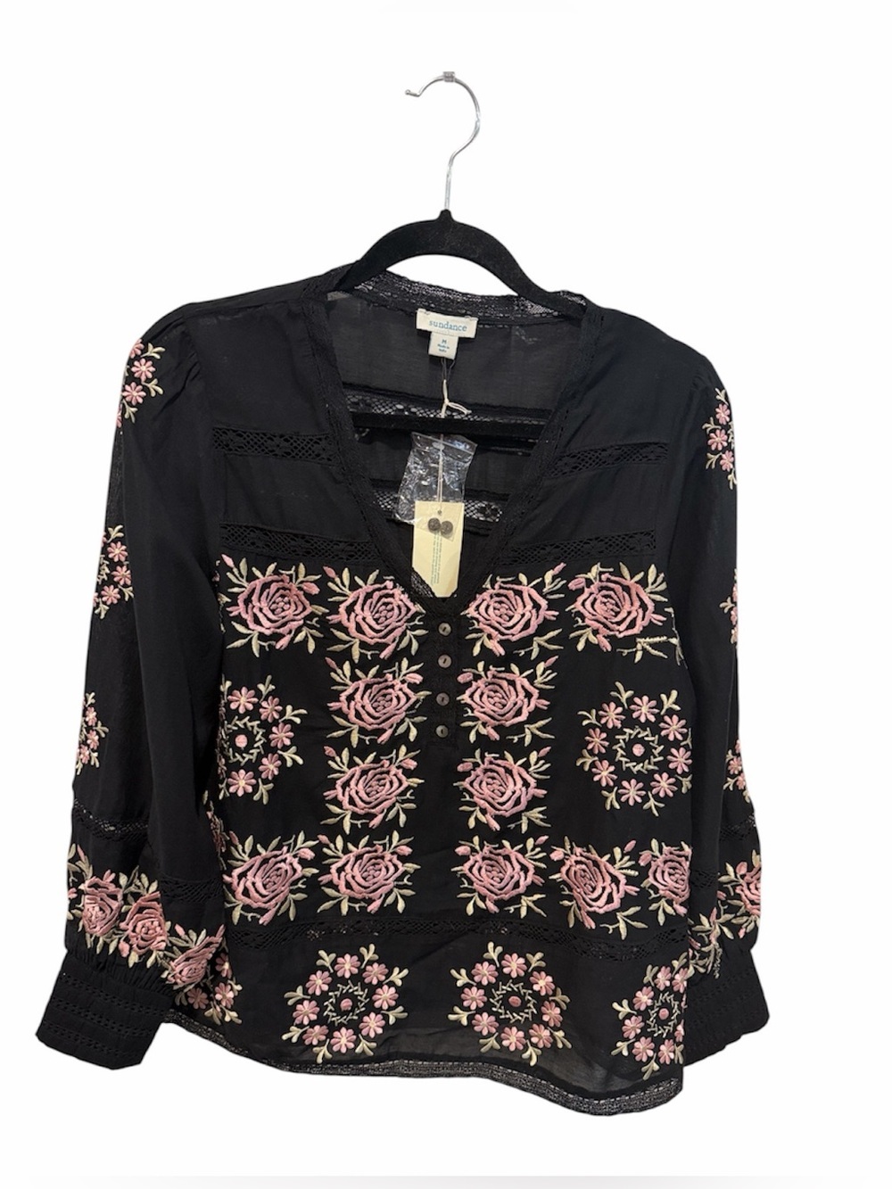 Sundance tresor bloom black long sleeve floral embroidered blouse Med NWT